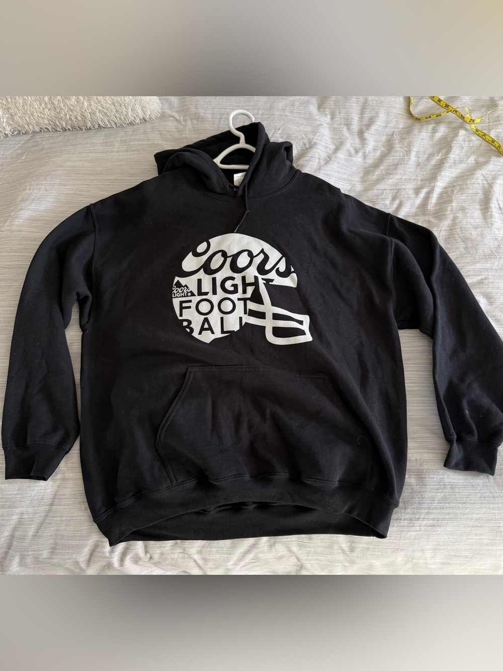 Gildan Black Hoodie with White Coors Light Football Graphic, size XL